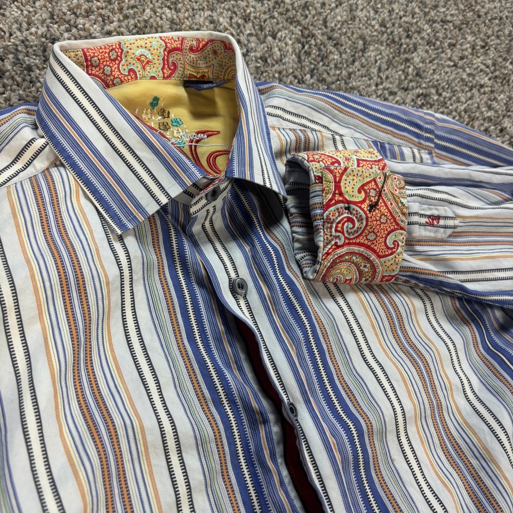 Robert Graham Men's Large Striped Button Down Shirt Paisley Cuffs Blue Orange